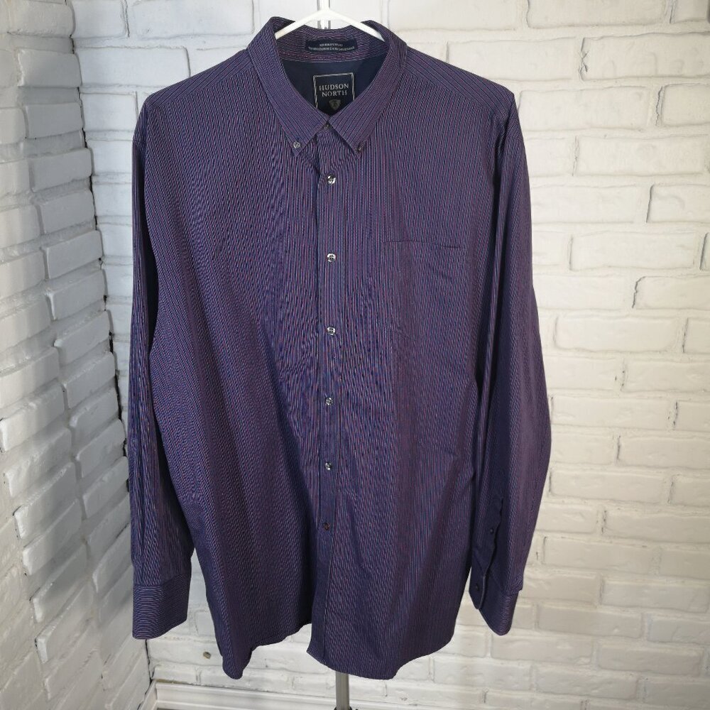 Hudson North Men's Size Large Non Iron Navy & Maroon Striped Dress Shirt